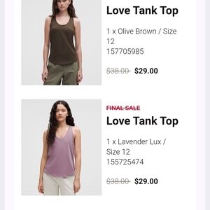 Two lululemon Love Tank Tops - 12 -Olive Brown and lavender lux